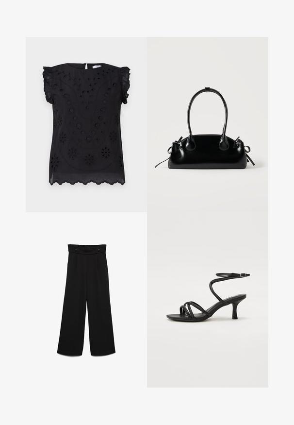 Top negro de manga corta con bordado floral y detalles de ojales, con un escote redondo y un dobladillo con forma de ondas.; Pantalones negros de pierna ancha con una pretina alta, que cuentan con dos botones frontales y una textura suave. Corte recto con pliegues en la parte delantera.; Even&Odd Wide Fit Sandalias - black; Pequeño bolso negro brillante con dos asas largas y detalles de cordón lateral sobre un fondo claro liso.