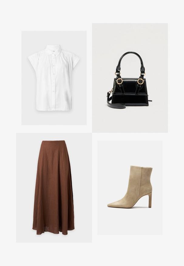 Chemisier blanc à manches courtes avec boutons, col classique et détails froncés aux épaules.; Jupe longue marron taille haute en ligne A, en tissu léger avec une texture subtile et un léger évasement à l'ourlet.; Zign Bottines à talons hauts - beige; Sac à main en cuir verni noir avec ferrures dorées, double poignées supérieures et une bandoulière ajustable. Design structuré avec coutures accentuées.