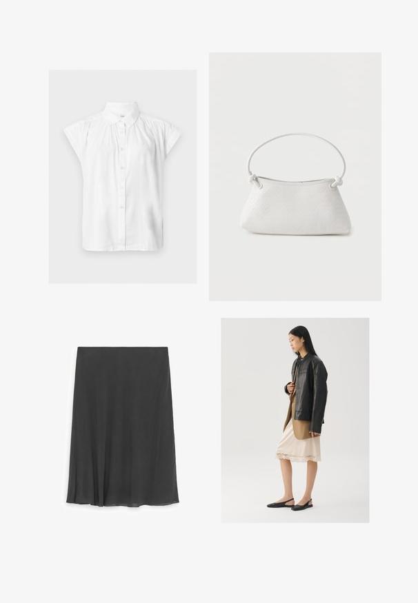 Chemisier blanc à manches courtes avec boutons, col classique et détails froncés aux épaules.; Jupe noire longueur genou en ligne A avec un ourlet subtilement festonné et une taille simple, présentée sur fond blanc.; Veste en cuir noir portée sur un haut marron, associée à une robe légère crème à bretelles avec bordure en dentelle et des chaussures slingback noires.; Sac à main en cuir tressé blanc avec poignée arrondie et extrémités de lanière nouées, présenté sur un fond uni.