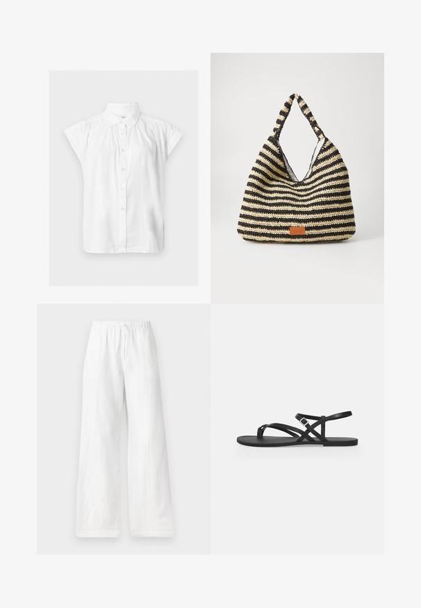 Chemisier blanc à manches courtes avec boutons, col classique et détails froncés aux épaules.; Pantalons larges en lin blanc avec une taille élastique et un cordon de serrage, présentant des coutures latérales et une texture lisse. Sans poches.; Sandale plate noire avec fines brides, boucle réglable à la cheville et bride pour l’orteil sur un fond gris clair uni.; Sac tissé rayé en noir et beige, avec un design décontracté, une surface texturée et une petite pièce en cuir en accent.