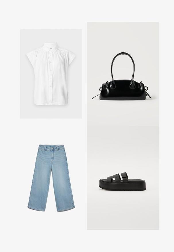 Chemisier blanc à manches courtes avec boutons, col classique et détails froncés aux épaules.; Pantalon large en denim bleu clair avec passants pour ceinture, bouton devant et fermeture éclair, sans poches visibles.; Sandales à plateforme noires avec deux larges brides, en matériau lisse. Présentent une semelle épaisse avec un dessous texturé pour l'adhérence.; Petit sac à main noir brillant avec deux longues anses et des détails à cordon sur les côtés sur un fond clair uni.