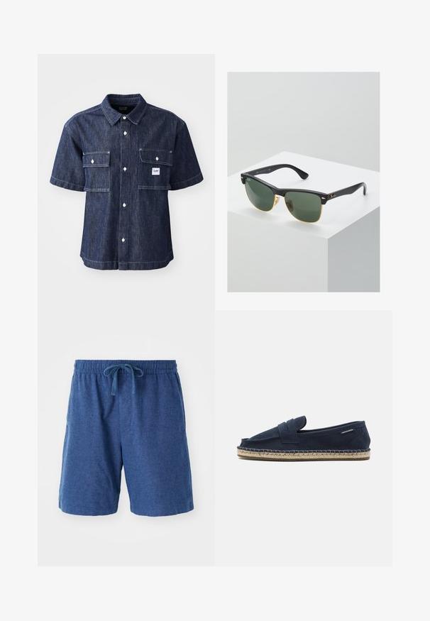 Chemise en denim bleu foncé à manches courtes avec une fermeture à boutons, comportant deux poches sur la poitrine et un petit patch logo près de la poche gauche.; Shorts tissés bleus avec une taille élastique, fermeture à cordon et poches latérales. Longueur courte avec une surface lisse et texturée.; Espadrille à enfiler en suède marine avec semelle en jute tressé, présentant un design minimaliste sans hardware ni motifs visibles.; Lunettes de soleil Ray-Ban avec des verres verts, monture en plastique noir et accents dorés sur les bords. Forme carrée avec une finition mate.