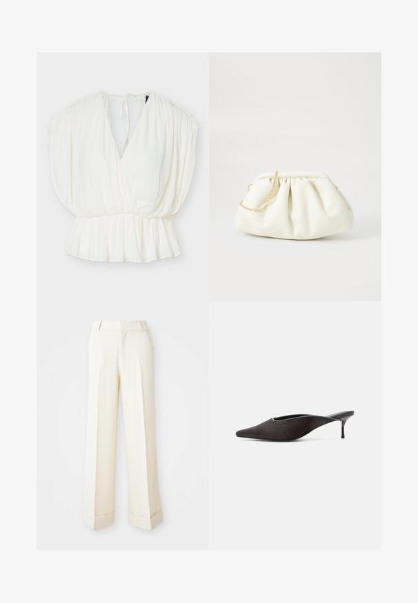 Weiße ärmellose Bluse mit tiefem V-Ausschnitt, gerafften Schultern, elastischer Taille, Peplum-Saum und einer Bindung am Rücken.; Beige weit geschnittene Hose mit glatter Textur, vorderen Biesen und umgeschlagenen Säumen. Mit Gürtelschlaufen und Reißverschluss.; Schwarzer Mule-Schuh mit spitzer Spitze, niedrigem Stilettoabsatz und glatt-eleganter Oberfläche, seitlich vor weißem Hintergrund gezeigt.; Weiße Lederhandtasche mit einem gerafften Design, ausgestattet mit einem goldenen Kettenriemen und einer runden Form. Glatte Textur mit sanften Falten und ohne Muster.