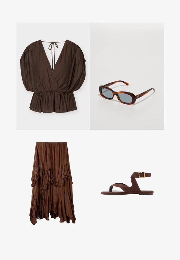Blusa marrón con escote en V, mangas abullonadas, cintura fruncida y cierre con lazo en la espalda sobre un fondo claro y liso.; Falda marrón arrugada con un dobladillo asimétrico y detalles de tela superpuesta y drapeada que crean un aspecto texturizado y fluido.; Sandalia de ante marrón con un diseño sin hebillas, correa en el tobillo con hebilla y suela plana. Punta abierta con una textura suave.; Gafas de sol en carey marrón con forma rectangular, lentes de tono gris y acabado brillante. Presenta el logo de Ray-Ban en la patilla.
