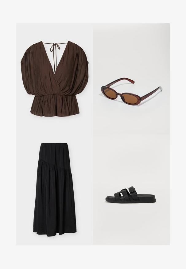 Blouse marron à col en V avec manches bouffantes, taille froncée et fermeture à nouer au dos sur un fond clair uni.; Jupe noire longueur cheville avec tissu plissé et détail de couture diagonale à l'avant.; Sandales noires à glissière avec trois sangles texturées, une semelle plate et un design minimaliste. La partie supérieure présente un motif tissé.; Lunettes de soleil rondes teinte brun avec une monture bordeaux brillante. Branches fines avec un détail de marque subtil. Design de verres plats.