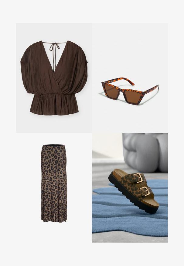 Brun V-hals bluse med puffede ærmer, indsnævret talje og bindebånd bagpå på en ensartet lys baggrund.; Leopardprint nederdel i brune og sorte nuancer, med et flydende design og en subtil flæsekant, fremstillet af et let og blødt stof.; Brun leopardmønstret slidesandal med to gyldne spænder, korkfodseng og sort gummisål med rillekant. Tekstureret overflade synlig.; Brune tonede solbriller med et skildpadde-mønster, vinklede stel og slanke arme. Letvægts plastmateriale.
