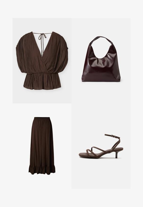 Blouse marron à col en V avec manches bouffantes, taille froncée et fermeture à nouer au dos sur un fond clair uni.; Jupe longue marron foncé avec taille élastique et ourlet à volants, en tissu léger légèrement texturé.; Sandale marron à talons hauts avec fines lanières croisées et bride de cheville avec boucle argentée sur fond blanc.; Sac en cuir vegan bordeaux, brillant, avec une forme douce et sculpturale et une large poignée incurvée pour un transport facile.