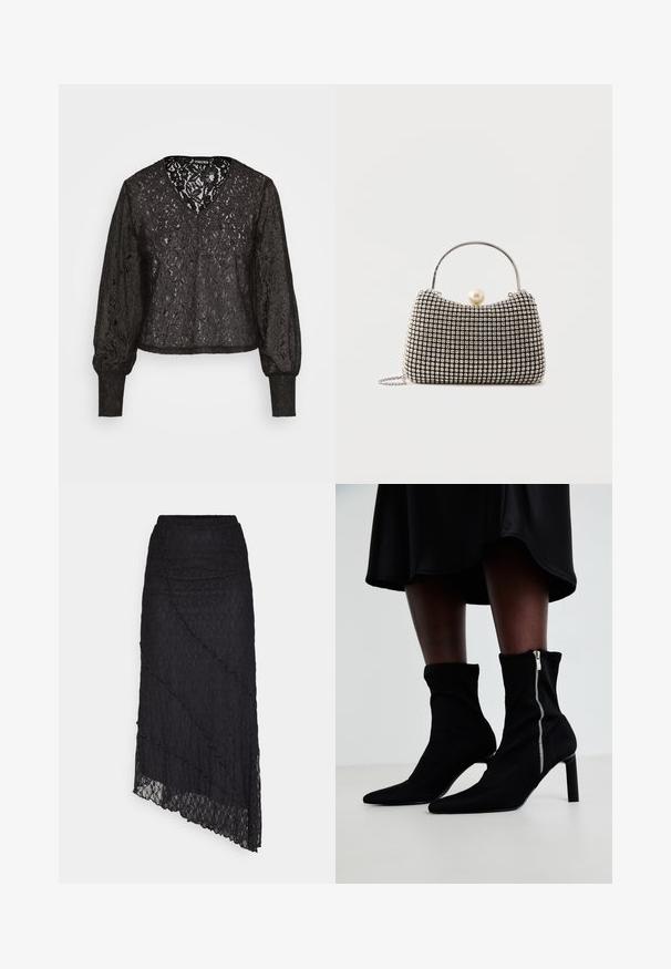 Pieces PCBELLA - Blouse - black; ONLY ONLKIM SLIT - Maxirok - black; Zwarte enkellaarsjes met een rekbare stoffen bovenkant, een spitse neus en een rits aan de zijkant, geplaatst op een slanke hoge hak.; Kleine handtas met zilverkleurig rasterpatroon, gebogen handvat, grote parel sluiting en een dunne zilveren kettingriem op een effen achtergrond.