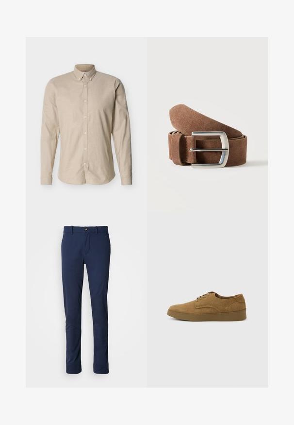 Camisa beige de manga larga con botones, con cuello abotonado y silueta ajustada, exhibida sobre un fondo neutro.; Pantalones azul marino de tela suave, con un diseño de pierna recta, cierre de cremallera y un único bolsillo frontal con cierre de botón.; Zapato casual marrón de ante con cordones y suela de goma plana, visto de lado sobre un fondo claro y liso.; Cinturón de ante marrón enrollado con hebilla rectangular de metal plateado sobre fondo liso y claro.