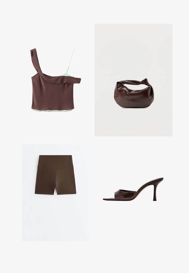 Bruine mouwloze cropped top met één brede en één dunne verstelbare band op een witte achtergrond.; Bruine, hooggetailleerde, nauwsluitende sportshorts met een V-vormig naaddetail bij de tailleband, weergegeven op een witte achtergrond.; Donkerbruine lakleren mule met open teen, brede band en slanke hoge hak op een witte achtergrond.; Donkerbruine leren schoudertas met een zachte, slungelige vorm en een gedraaide knoopvormige handgreep op een effen witte achtergrond.