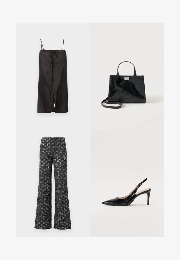 Robe midi en satin noir avec fines bretelles spaghetti et un détail noué à l’avant formant une fente subtile, présentée sur un fond clair uni.; Pantalons larges noirs avec une texture brodée de sequins et des accents argentés, créant un effet décoratif sur tout le tissu.; Pompe slingback en cuir verni noir avec un bout pointu, un talon fin et un design de découpes subtil. Elle dispose d'une boucle dorée sur la sangle.; Sac à main en cuir verni noir avec poignées arrondies, bandoulière détachable et fermeture à boucle argentée sur fond blanc uni.