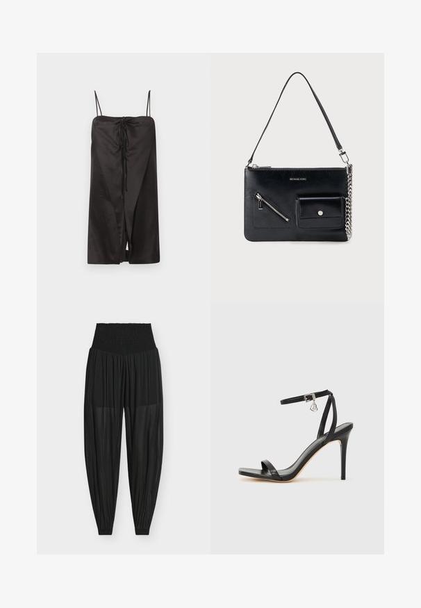 Robe midi en satin noir avec fines bretelles spaghetti et un détail noué à l’avant formant une fente subtile, présentée sur un fond clair uni.; Pantalon noir taille haute transparent et ample, avec taille élastique et bas élastiqués, présenté sur un fond blanc uni.; Sandale à talon haut noire avec une bride étroite à la cheville, bout carré, cuir lisse et accent de boucle métallique.; Sac à bandoulière en cuir noir Michael Kors avec fermeture éclair supérieure, poche avant zippée en diagonale, poche à rabat avec bouton-pression et détail en chaîne argentée.