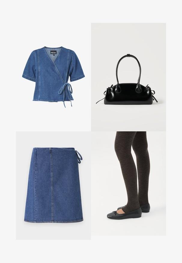 Denim wikkeltop in donkerblauw met korte mouwen, een V-hals en een striksluiting in de taille. Beschikt over contrasterende stiksels en een ontspannen pasvorm.; Denim wikkelrok in donkerblauw. Heeft een rechte snit, zichtbare stiksels en een zijsluiting voor aanpassing. Glad textuur en standaard zoomlijn.; Benen met donkere geribbelde leggings gecombineerd met zwarte ballerina's met kleine strikdetails op een witte achtergrond.; Kleine zwarte glanzende handtas met twee lange hengsels en zijkant trekkoord details op een effen lichte achtergrond.