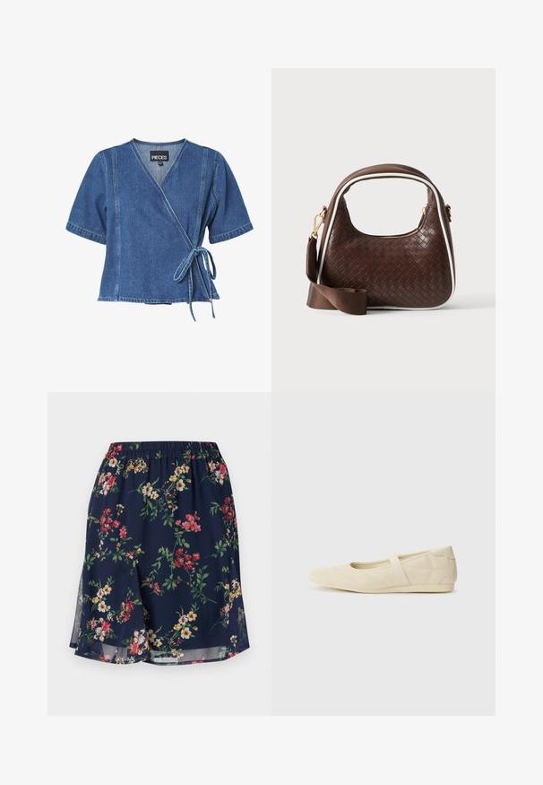 Denim indpakningsbluse i mørkeblå med korte ærmer, V-udskæring og båndlås i taljen. Har kontrasterende syninger og en afslappet pasform.; Blomsterkjole med elastisk talje, der har en marineblå baggrund pyntet med røde, gule og grønne blomstermønstre. Letvægtsstof.; Lysebrune ballet flats med en glat læderoverflade, mandelformet tå og elastisk rem over vristen, med diskrete syninger.; Brun vævet læderhåndtaske med hvid piping, guldfarvet lynlås og aftagelig brun stofskulderrem.