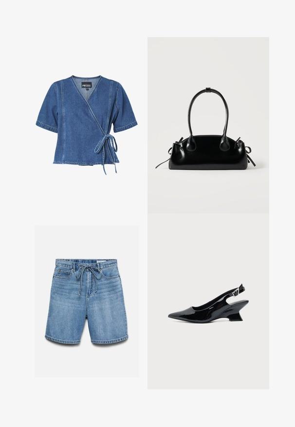 Haut en denim bleu foncé avec des manches courtes, un décolleté en V et un lien à la taille. Présente des coutures contrastées et une coupe décontractée.; Short en denim bleu avec poches avant et passants pour ceinture, agrémenté d'un cordon noué à la taille et de plis horizontaux délavés.; Chaussure slingback en cuir verni noir avec bout pointu et petit talon bloc incliné sur fond clair uni.; Petit sac à main noir brillant avec deux longues anses et des détails à cordon sur les côtés sur un fond clair uni.