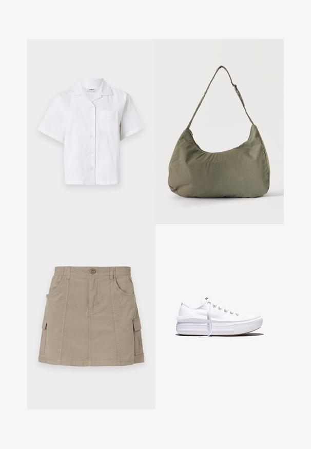 Chemise blanche à manches courtes avec un motif texturé, fermeture boutonnée à l'avant et poche poitrine. Fabriquée en tissu léger avec une coupe décontractée.; Jupe cargo kaki avec taille élastique, poches avant et poches cargo sur les côtés. Fabriquée dans un tissu léger au toucher doux.; Baskets basses blanches en toile avec semelle plateforme épaisse, lacets sur le devant et embout en caoutchouc texturé, vues de profil.; Sac à épaule en tissu doux vert olive avec fermeture éclair et bandoulière réglable sur un fond uni clair.