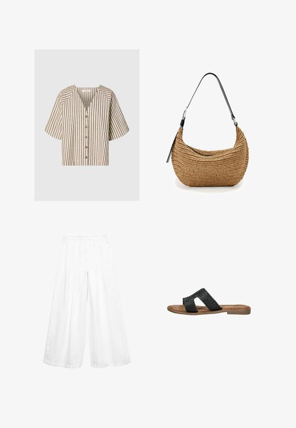 Blusa de manga corta con escote en V, con rayas verticales marrones y blancas y cinco botones frontales, hecha de tela ligera.; Pantalones blancos de pierna ancha y cintura alta con pliegues y cierre de botones delanteros, hechos de tela ligera, adecuados para uso casual o formal.; Sandalias deslizantes de cuero trenzado negro con dos correas superpuestas, plantilla acolchada color marrón claro y una suela delgada de goma marrón.; Pequeño bolso de hombro marrón tejido con correa ajustable negra y cierre de cremallera, exhibido sobre fondo blanco.
