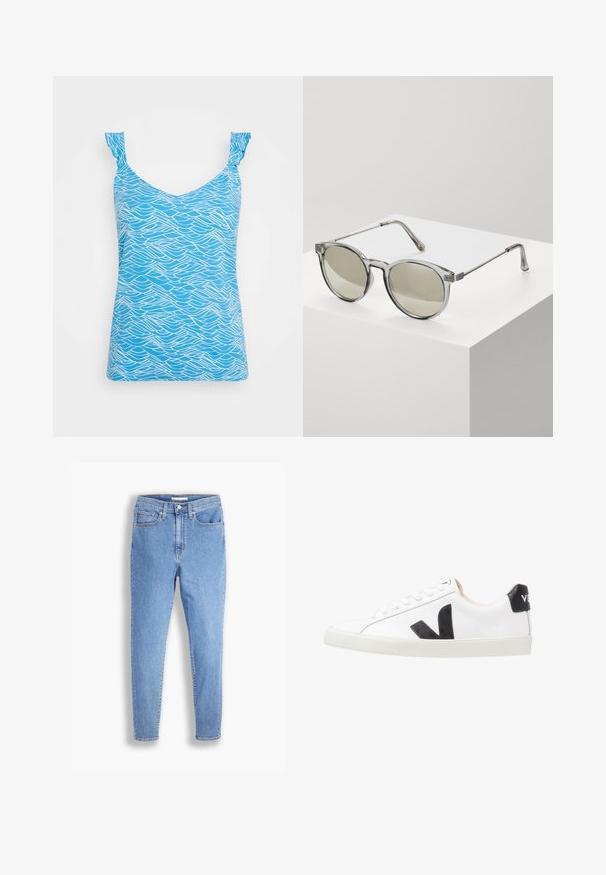 TOM TAILOR DENIM CAMISOL WITH RUFFLES - Blúzka - blue; Svetlomodré džíny s vysokým pásom, slim-fit strihom, prednými a zadnými vreckami, zapínaním na gombík a pútkami na opasok na bielom pozadí.; Biele tenisky s čiernym logom V, vyrobené z hladkej koženej vrchnej časti, s okrúhlou špičkou, šnurovaním a kontrastným čiernym pätovým tabom.; Okrúhle slnečné okuliare s priesvitnými šedými rámami a šedými sklíčkami. Kovové akcenty na stranách a zakrivené ramienka pre stabilitu.