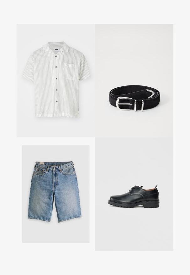 Kortærmet skjorte med knap i hvid med tynde lodrette sorte striber, brystlomme og grå knapper; letvægtsstof med glat tekstur.; Lyseblå denimshorts med klassisk snit. Har fem lommer, orange stikninger og rå skærmkanter.; Sorte læder derby-sko med en glat overflade, rund tå, snøre-design og en tyk, robust gummisål.; Sort suede bælte med en glat overflade, der har en blank sølvspænde og metalpigge. Bæltet er fladt og har flere huller i forskellige størrelser til justering.