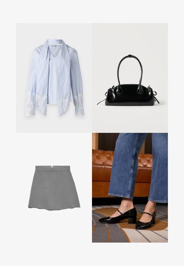 Object OBJALI - Bluse - brunnera blue/white; Grauer Rock aus weichem Stoff, mit hoher Taille, ausgestellter Form und einem verdeckten Reißverschluss hinten.; Schwarze Lackleder-Pumps mit spitzem Zehenbereich, Blockabsatz und Knöchelriemen, getragen mit weit geschnittenen Jeans auf einem gemusterten Teppich.; Kleine schwarze glänzende Handtasche mit zwei langen Griffen und seitlichen Kordelzug-Details vor einfachem hellem Hintergrund.