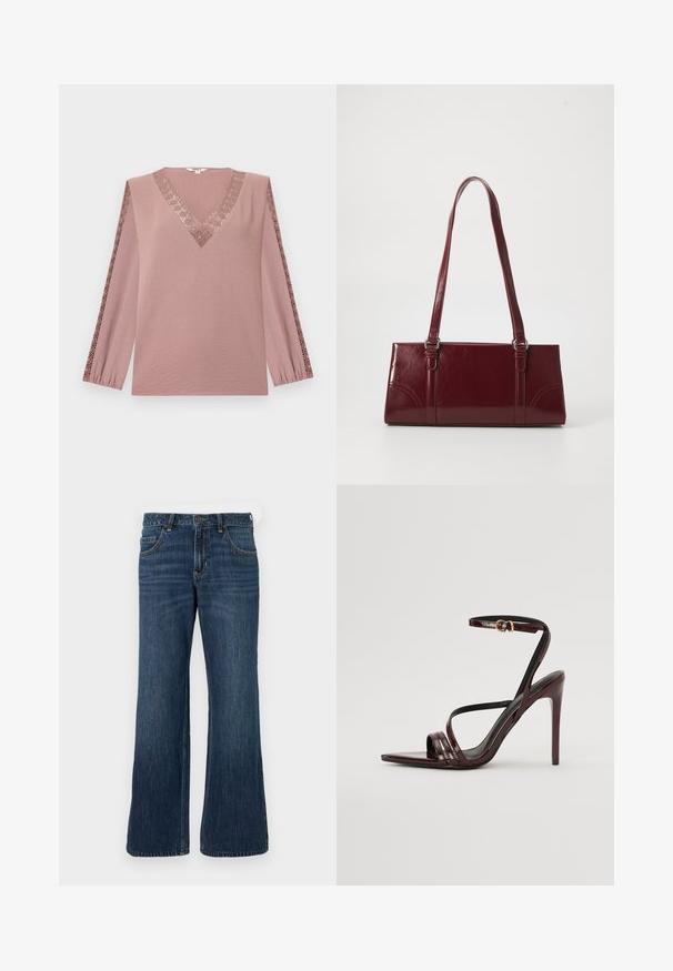 Top met lange mouwen in poederroze, met een diepe V-hals en decoratieve kanten rand langs de mouwen. Gemaakt van zacht, gestructureerd stof.; Donkerblauwe wijde jeans met klassiek ontwerp met vijf zakken, voorzien van een knoopsluiting en subtiele vervaging. Gemaakt van denimstof.; Bordeaux gepatineerde leren hoge hakken sandaal met een enkelbandje, puntige neus en drie horizontale banden over de voet. Details met gouden gesp.; Bourgondische handtas van glanzend materiaal, rechthoekige vorm, met twee schouderbanden en subtiele gebogen accenten aan de voorkant.