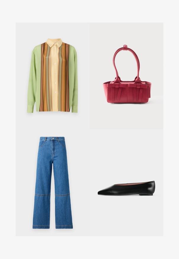 Chemise à manches longues en vert clair et jaune crémeux, présentant des motifs rayés verticaux en marron, orange et rouge ; cinq boutons sur le devant.; Jean en denim bleu à jambe large et taille haute, avec des coutures doubles au niveau des genoux et une finition en tissu texturé.; Chaussure plate en cuir noir pour femme, avec bout pointu et petit talon, vue de côté sur un fond gris clair uni.; Sac à main en cuir rouge avec deux poignées supérieures, nœuds décoratifs à l'avant et une étiquette sur le côté, sur fond blanc.