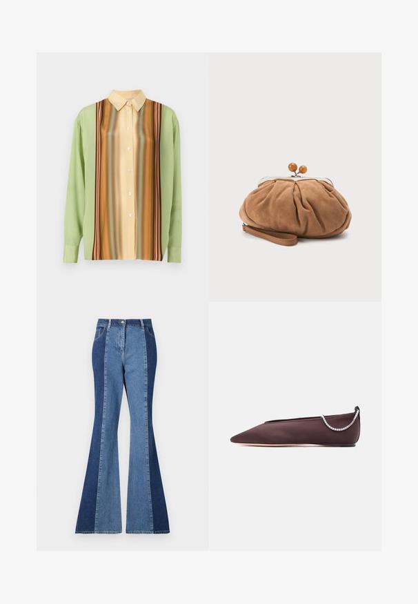 Camisa de manga larga en verde claro y amarillo cremoso, con patrones de rayas verticales en marrón, naranja y rojo; cinco botones en el frente.; Vaqueros acampanados con un diseño bi-tono en paneles de denim azul oscuro y claro, cierre frontal con botón y estilo clásico de bolsillos.; Zapato plano de punta fina de color marrón oscuro con un tacón bajo y un detalle de cadena de pedrería plateada en la parte trasera.; Pequeño bolso de mano marrón suave de ante con tela fruncida, cierre metálico, detalles de cuentas de madera y correa para la muñeca sobre fondo blanco.