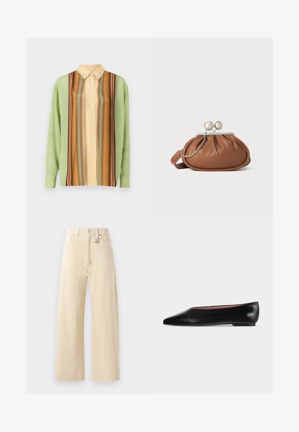 Lange mouwen shirt in lichtgroen en romig geel, met verticale gestreepte patronen in bruin, oranje en rood; vijf knopen aan de voorkant.; Beige wijde jeans van katoen, met een metalen haakdetail, vijf zakken en een gladde, licht gestructureerde afwerking.; Zwarte leren damesschoen met platte zool, puntige neus en lage hak, zijwaarts afgebeeld tegen een effen lichtgrijze achtergrond.; Bruine leren clutch met een zilveren balsluiting en een klein zilveren kettingdetail op een witte achtergrond.