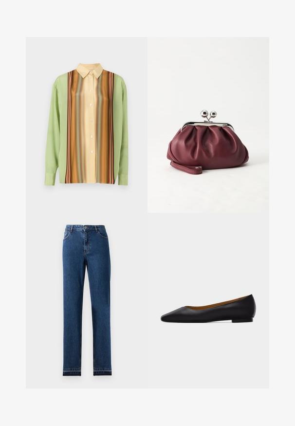 Langærmet skjorte i lysegrøn og cremegul med vertikale stribemønstre i brun, orange og rød; fem knapper ned langs fronten.; Blå denim jeans med lige ben-design, fem lommer og en knap-lukning. Har kontrast søm og en let falmning.; Sort læder flad sko med spids tå, lav hæl og glat finish, vist fra siden på en lysegrå baggrund.; Lille bordeauxlæder clutch-pung med sølv metal lukning og håndledsrem på hvid baggrund.
