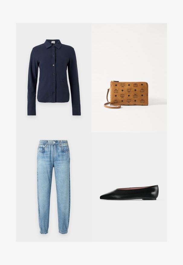 Chemise bleu marine à manches longues avec col, six boutons noirs sur le devant et un logo brodé discret sur le côté gauche.; Jean en denim bleu clair avec des ourlets élastiqués, un bouton et une fermeture éclair à l'avant, des passants de ceinture et des poches avant.; Chaussure plate en cuir noir pour femme, avec bout pointu et petit talon, vue de côté sur un fond gris clair uni.; Portefeuille matelassé marron avec motif de logo MCM noir. Il dispose d'une fermeture éclair, d'une bandoulière et d'une texture lisse. Design compact et rectangulaire.