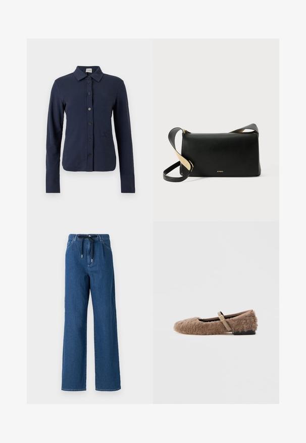 Marineblå langærmet skjorte med krave, seks sorte knapper foran og et diskret broderet logo på venstre side.; Bredde ben mørkeblå denimbukser med snoreliv og forlommer. Stofmet har en glat tekstur med subtile syninger.; Brun, fuzzy flad sko med en Mary Jane rem og detalje med guldspænde. Blød tekstur, firkantet tå og lav blokhælfod. Glat indvendig foring.; Sort læder skuldertaske med rektangulær form, fladt design, justerbar strop og guldlogo-detalje foran.