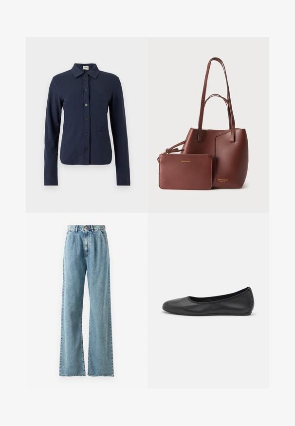 Marineblå langærmet skjorte med krave, seks sorte knapper foran og et diskret broderet logo på venstre side.; Lysblå højtaljede bukser med bred ben i denim, med knaplukning, markante bukser og syede lommer.; Sort læderballetsko med rund tå, glat tekstur, minimal syning og et fleksibelt såldesign.; Brun lædertaske med to skulderstropper og matchende lynlås-pung, begge præget med guld Emporio Armani-logo.