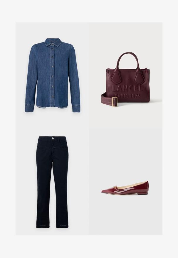Donkerblauw denim overhemd met lange mouwen, knoopsluiting aan de voorkant, klassieke kraag en zichtbare stiksels. Heeft een rechte zoom met een lichte kromming aan de zijkanten.; Navy blauwe broek gemaakt van stretchkatoen met een recht model, voorzakken en een knoopsluiting bij de taille.; Bordeaux patent leren ballerina's met een puntige neus, voorzien van een klein uitsnijdetail en een lage hak. Glad textuur en een slank ontwerp.; Dieprode lederen handtas met twee handvatten, verstelbare schouderriem en een geperst "LANCEL PARIS 1876" logo aan de voorkant.
