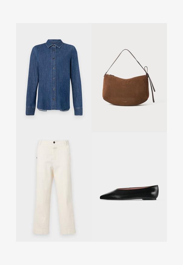 Donkerblauw denim overhemd met lange mouwen, knoopsluiting aan de voorkant, klassieke kraag en zichtbare stiksels. Heeft een rechte zoom met een lichte kromming aan de zijkanten.; Beige katoenen broek met een recht model, voorzien van een voorknoopsluiting en een zak met een ronde knoopaccent.; Zwarte leren damesschoen met platte zool, puntige neus en lage hak, zijwaarts afgebeeld tegen een effen lichtgrijze achtergrond.; Bruine suede handtas met een gebogen vorm, voorzien van een slanke donkerbruine schouderband en een gouden ritsaccent. Zachte textuur zonder zichtbare patronen.
