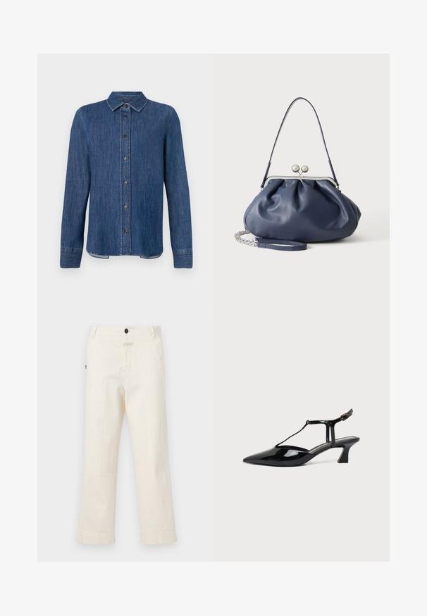 Donkerblauw denim overhemd met lange mouwen, knoopsluiting aan de voorkant, klassieke kraag en zichtbare stiksels. Heeft een rechte zoom met een lichte kromming aan de zijkanten.; Beige katoenen broek met een recht model, voorzien van een voorknoopsluiting en een zak met een ronde knoopaccent.; Zwarte pumps van lakleer met spits toelopende neus, T-strap en lage schuine blokhak op witte achtergrond.; Zachte navyblauwe leren handtas met zilveren sluiting, enkele schouderband en afneembare ketting polsband op witte achtergrond.