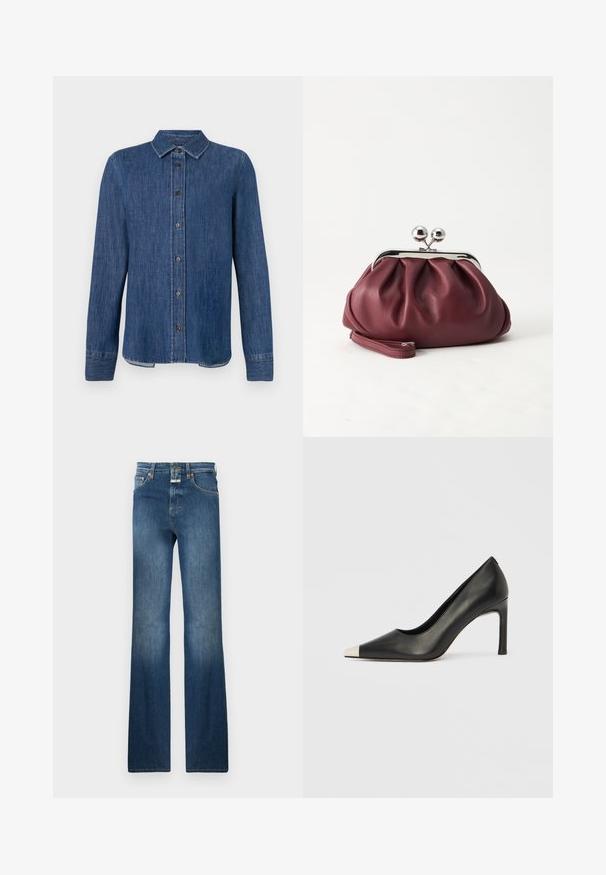 Donkerblauw denim overhemd met lange mouwen, knoopsluiting aan de voorkant, klassieke kraag en zichtbare stiksels. Heeft een rechte zoom met een lichte kromming aan de zijkanten.; Donkerblauwe spijkerbroek met een rechte pijp design, vijf zakken en een knoopsluiting. Vervaagde accenten op de dijen verbeteren de textuur.; Zwarte leren hoge hak met een spits toelopende neus en een metalen zilverkleurige kap. Heeft een gladde afwerking en een slanke hak van 10 cm.; Kleine bordeauxrode leren clutch-portemonnee met zilverkleurige metalen sluiting en polsbandje op een witte achtergrond.