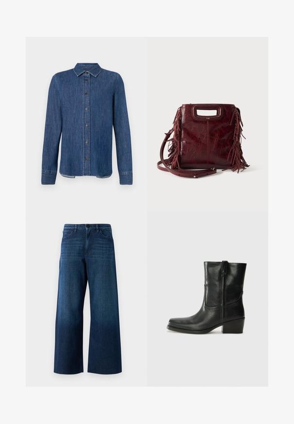 Mørkeblå denim skjorte med lange ærmer, knaplukning foran, klassisk krave og synlige sømme. Har en lige nederste kant med let bue i siderne.; Bredde ben mørkeblå denimjeans med frontknap, bæltestropper og klassisk fem-lomme design på ensfarvet baggrund.; Sort læder ankelstøvle med rundt tå, blokhæl, lynlås i siden og stikninger på vampsiden. Glat tekstur, klassisk design.; Firkantet burgunderfarvet læderhåndtaske med udskåret håndtag, sideskvaster og justerbar skulderrem på ensfarvet baggrund.