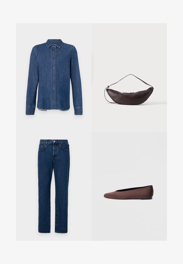 Camisa de denim azul oscuro con mangas largas, frente abotonado, cuello clásico y costuras visibles. Presenta un dobladillo recto con ligera curva en los lados.; Jeans de mezclilla en azul oscuro, con un corte clásico de pierna recta, cinco bolsillos y costuras visibles. La tela tiene una ligera textura.; Zapatillas de ballet de tela marrón con punta puntiaguda y textura suave, con parte trasera baja y suela negra fina. Sin patrones visibles ni elementos metálicos.; Bolso de hombro de cuero marrón oscuro en forma de media luna con una correa curva y costuras visibles sobre un fondo liso.