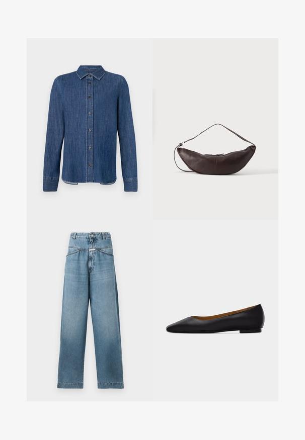 Dunkelblaues Denim-Hemd mit langen Ärmeln, Knopfleiste, klassischem Kragen und sichtbaren Nähten. Verfügt über einen geraden Saum mit leicht geschwungenen Seiten.; CLOSED DENI - Wide Leg - mid blue; Schwarzer flacher Schuh aus Leder mit spitz zulaufender Vorderkappe, niedrigem Absatz und glatter Oberfläche, von der Seite vor einem hellgrauen Hintergrund dargestellt.; Dunkelbraune Leder-Schultertasche in Halbmondform mit gebogenem Riemen und sichtbarer Naht auf schlichtem Hintergrund.