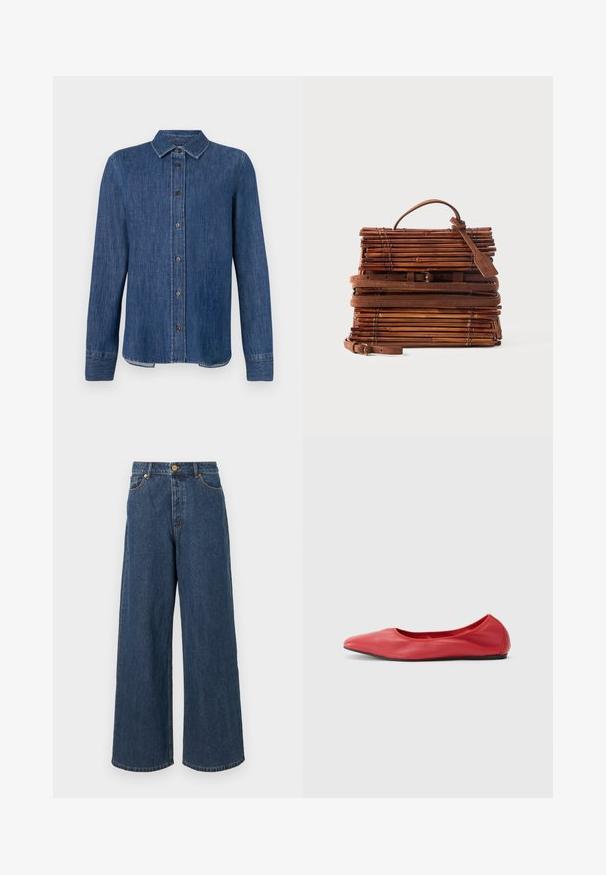 Mørkeblå denim skjorte med lange ærmer, knaplukning foran, klassisk krave og synlige sømme. Har en lige nederste kant med let bue i siderne.; Bredde denimjeans i mørkeblå med høj talje, frontlukning med knap og klassisk fem-lomme design med subtile syninger.; Filippa K REY FLATS - Ballerinasko - bright red; Brun rektangulær bambus håndtaske med læderremme, topgreb og en bagagemærkat på en ensfarvet lys baggrund.