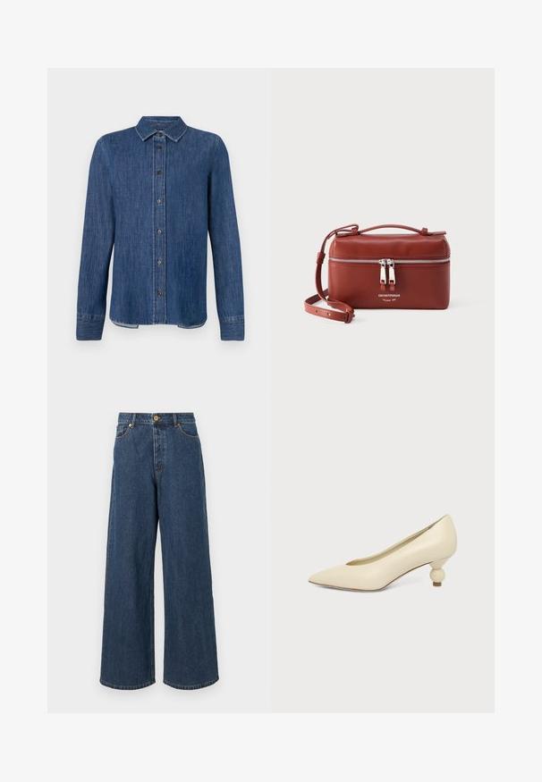 Mørkeblå denim skjorte med lange ærmer, knaplukning foran, klassisk krave og synlige sømme. Har en lige nederste kant med let bue i siderne.; Bredde denimjeans i mørkeblå med høj talje, frontlukning med knap og klassisk fem-lomme design med subtile syninger.; Kremfarvet damesko med spids snude og lav hæl, hvor hælen er rund og kugleformet, på en ensfarvet baggrund.; Kompakt brun læder crossbody-taske med dobbelt sølvlynlås og justerbar rem, Emporio Armani-logo på forsiden.