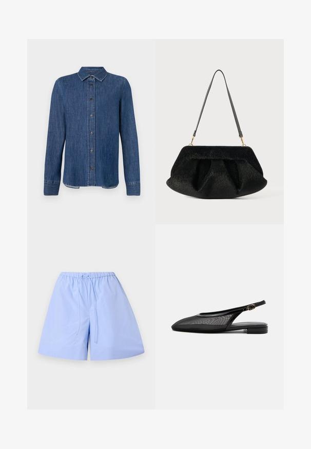 Camisa de denim azul oscuro con mangas largas, frente abotonado, cuello clásico y costuras visibles. Presenta un dobladillo recto con ligera curva en los lados.; Pantalones cortos de algodón azul claro con un patrón a rayas, cinturilla elástica y cordón ajustable. Presentan un ajuste relajado y una textura suave.; Zapato plano negro tipo slingback con punta estrecha, parte superior de malla, correa ajustable con hebilla y tacón bajo apilado sobre fondo blanco.; Bolso de mano negro con textura y acabado de piel sintética suave. Presenta un diseño fruncido, fondo plano y una correa de cuero delgada y ajustable. Detalles en dorado.
