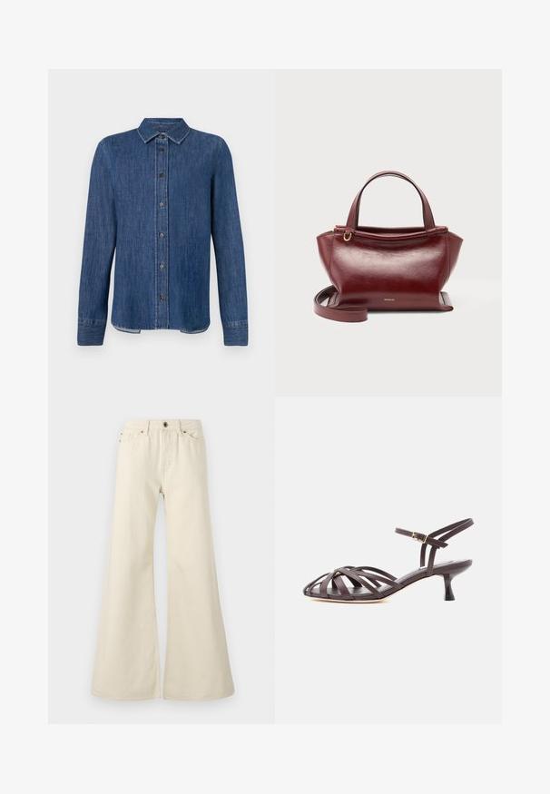 Dunkelblaues Denim-Hemd mit langen Ärmeln, Knopfleiste, klassischem Kragen und sichtbaren Nähten. Verfügt über einen geraden Saum mit leicht geschwungenen Seiten.; Hellbeige weite Jeans aus Baumwolle. Besitzt eine hohe Taille, fünf Taschen und einen Knopfverschluss mit kontrastierenden Nahtdetails.; Dunkelbraune Leder-Sandalette mit Riemchen und verstellbarem Schnallenriemen am Knöchel, Kitten-Heel, vor weißem Hintergrund.; Dunkelrote Lederhandtasche mit zwei oberen Griffen, abnehmbarem Schulterriemen, goldfarbenen Beschlägen und dem Markennamen Wandler vorne mittig.