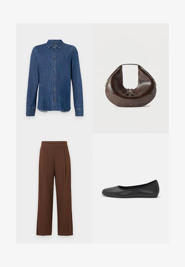 Chemise en denim bleu foncé à manches longues, avec un devant à boutons, un col classique et des coutures visibles. Présente un ourlet droit avec une légère courbe sur les côtés.; Pantalon marron à jambes larges avec une texture lisse, présentant un devant plat et des plis. La taille est élastiquée pour le confort et l'ajustement.; Ballerines en cuir noir avec un bout rond, texture lisse, détails de couture minimalistes et design de semelle flexible.; Sac à main en cuir brun foncé en forme de croissant avec poignée supérieure et double curseur de fermeture éclair, présenté sur un fond clair uni.