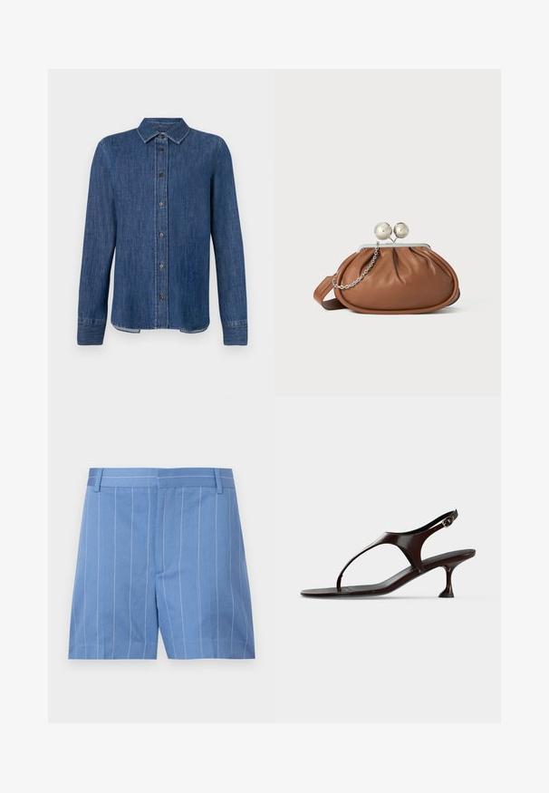 Chemise en denim bleu foncé à manches longues, avec un devant à boutons, un col classique et des coutures visibles. Présente un ourlet droit avec une légère courbe sur les côtés.; Shorts bleu clair avec des rayures verticales blanches, présentant une texture lisse, un devant plat et une taille standard avec des passants de ceinture.; Sandale slingback en cuir verni marron foncé avec petit talon et bride entre les orteils sur fond blanc.; Pochette en cuir marron avec un fermoir à boule en argent et un petit détail en chaîne argentée sur fond blanc.