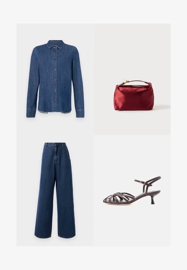 Donkerblauw denim overhemd met lange mouwen, knoopsluiting aan de voorkant, klassieke kraag en zichtbare stiksels. Heeft een rechte zoom met een lichte kromming aan de zijkanten.; Hoge taille wijde jeans in donkerblauwe denim met een sluiting aan de voorkant met knoop en rits, riemlussen en zijzakken.; Donkerbruine leren sandaal met bandjes en kitten heel, verstelbare gesp rond de enkel, op witte achtergrond.; Bordeaux satijnen cosmetica tas met een rechthoekige vorm, ritssluiting en een kort handvat. Beschikt over een minimalistisch ontwerp en een gladde textuur.