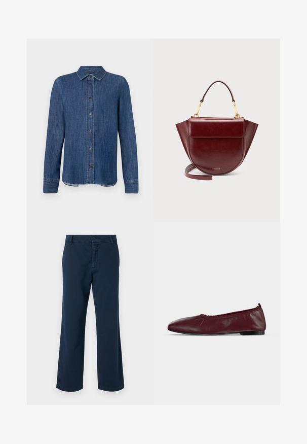 Dunkelblaues Denim-Hemd mit langen Ärmeln, Knopfleiste, klassischem Kragen und sichtbaren Nähten. Verfügt über einen geraden Saum mit leicht geschwungenen Seiten.; CLOSED SERANDON - Stoffhose - dark night; Bordeauxrote Ballerina aus Leder mit gerafftem elastischem oberen Rand und dünner schwarzer Sohle auf weißem Hintergrund.; Dunkelrote Ledertasche mit Tragegriff, goldenen Beschlägen, Klappvordertasche und langem Riemen, vor einem schlichten hellen Hintergrund.