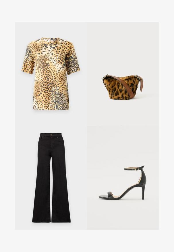 La blouse à manches courtes en imprimé léopard présente un col rond, un tissu doux et une coupe décontractée, mettant en valeur diverses nuances de marron et de motifs noirs.; Jean flare noir en denim avec taille haute, présentant des poches avant et des garnitures métalliques sur le bouton et les rivets.; Sandale à talons hauts en cuir noir avec une lanière de cheville. Présente une texture lisse, un bout ouvert et un talon fin. Détail de boucle en ton doré.; Sac en fausse fourrure imprimé léopard avec une bandoulière en cuir marron, présentant une forme arrondie et des accents en métal doré.