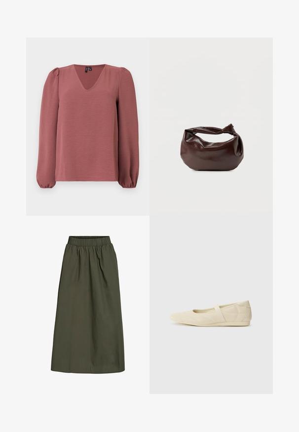 Lichtroze blouse met lange mouwen, V-hals, opgeblazen schouders en elastische manchetten, weergegeven op een effen lichte achtergrond.; Olijfgroene, enkellange skirt met geplooide elastische tailleband en een gladde, licht kreukelige stofstructuur.; Beige ballerina's met een gladde leren buitenkant, amandelvormige punt en elastische band over de wreef, met subtiele stiksels.; Donkerbruine leren schoudertas met een zachte, slungelige vorm en een gedraaide knoopvormige handgreep op een effen witte achtergrond.
