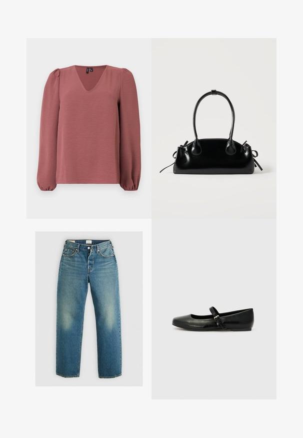 Langärmlige Bluse in Staubrosé mit V-Ausschnitt, gepufften Schultern und elastischen Bündchen, präsentiert auf einem schlichten hellen Hintergrund.; Levi's® 501® '90S ANKLE - Jeans Straight Leg - blank slate; Schwarze Leder-Ballerinas mit einer runden Spitze, einer flachen Sohle und einem dünnen, verstellbaren Riemen über dem Spann mit einer Metallschnalle.; Kleine schwarze glänzende Handtasche mit zwei langen Griffen und seitlichen Kordelzug-Details vor einfachem hellem Hintergrund.